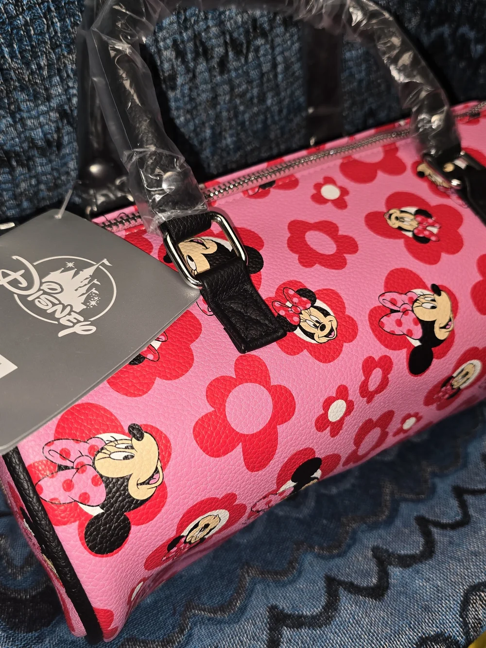 Disney Minnie Mouse Pink Floral Barrel Purse with Black Trim - Picture 1 of 3